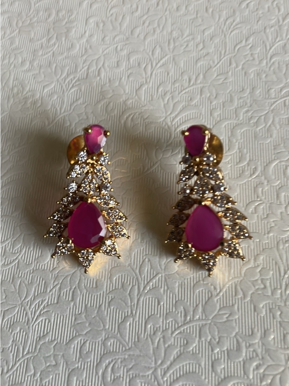 Gold-Plated Pink Teardrop CZ Statement Earrings - Women Jewelry